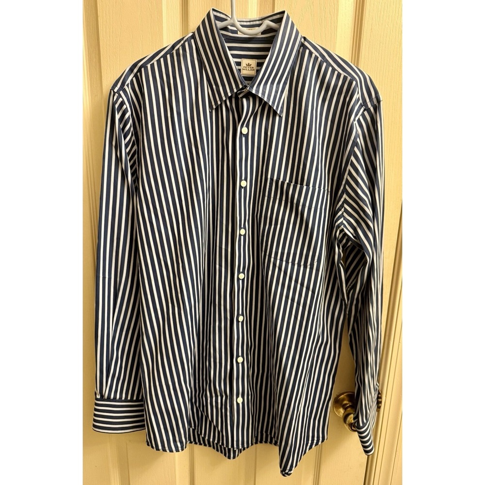 Peter Millar Mens Button Down Shirt Large Blue Striped Cotton EUC